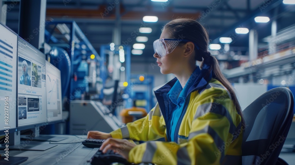 An industrial engineer in a high tech facility with CNC machines working on a computer, on a screen, in an industrial electronics design program. An industrial engineer in a high tech facility with CNC machines working on a computer, on a screen, in an industrial electronics design program.