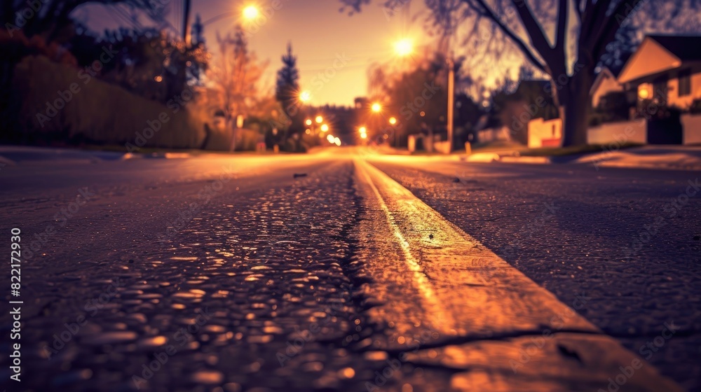 Street lighting casts a warm glow on the pavement, captured in this realistic nighttime photo.