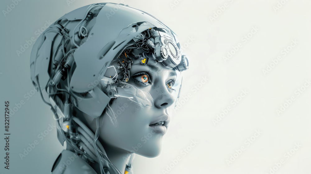 cybernetic girl robot on white background, female android, future, mask, cyborg, robotic technology, scientific, science fiction, futurism, face, portrait, eyes, artificial, virtual reality, character