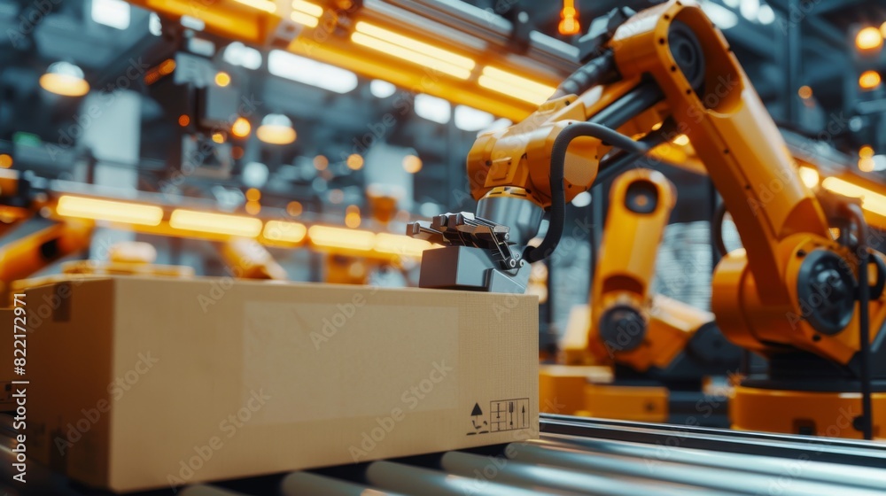 A fully automated warehouse robotics system packs metal components into cardboard boxes. A production line machine picks and packs products on a conveyor belt.