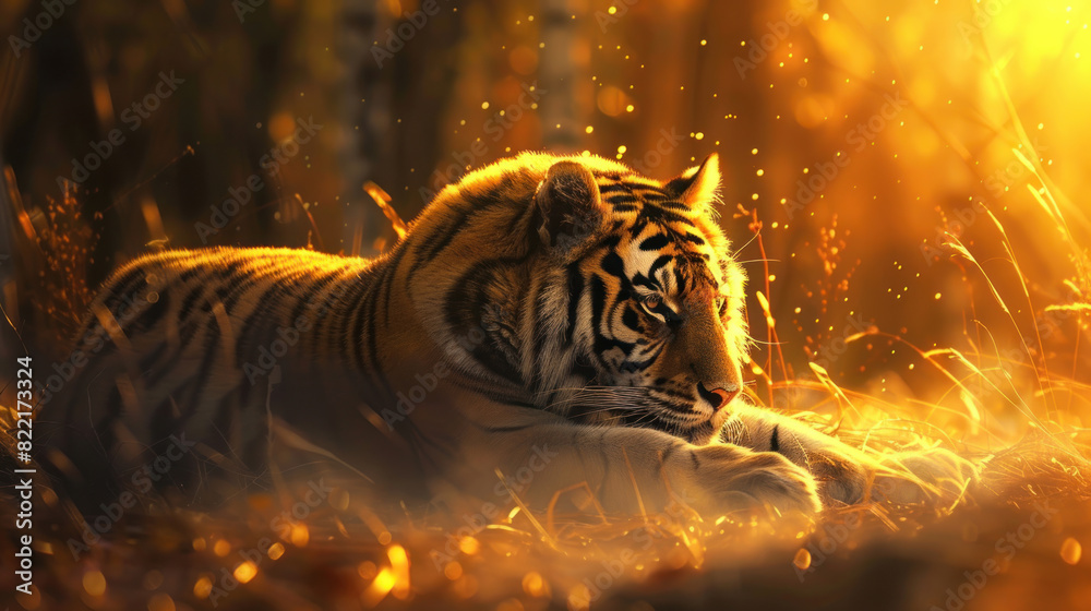 The stunning sight of an Amur tiger lying in a golden patch of sunlight, its mesmerizing coat glowing under the luminous rays, creating a breathtaking image.