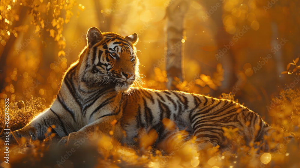 The stunning sight of an Amur tiger lying in a golden patch of sunlight, its mesmerizing coat glowing under the luminous rays, creating a breathtaking image. The stunning sight of an Amur tiger lying in a golden patch of sunlight, its mesmerizing coat glowing under the luminous rays, creating a breathtaking image.