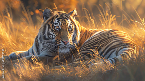 The stunning sight of an Amur tiger lying in a golden patch of sunlight, its mesmerizing coat glowing under the luminous rays, creating a breathtaking image. © NooPaew