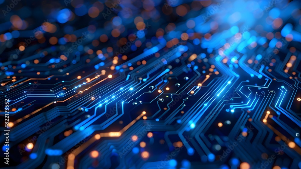 Obraz premium Blue circuit board background with glowing digital elements, in the style of AI technology concept. 