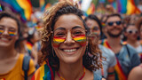 Happy woman with a vibrant smile, waving a rainbow flag at a Pride month parade. This celebration of love, acceptance, and community is full of color and joy, capturing the spirit of a lively festival