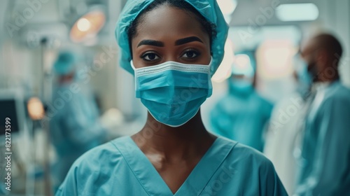 Photograph of a professional black female head nurse, doctor, surgeon out of her mask looking into the camera at a modern clinic with advanced technology and professional staff. photo