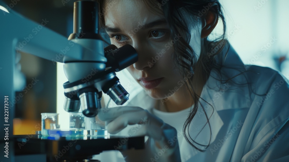 Caucasian Female Scientist with Microscope Analyzing Petri Dish Sample in Advanced Pharma Lab. Specialists in Medicine, Biotechnology Research. Caucasian Female Scientist with Microscope Analyzing Petri Dish Sample in Advanced Pharma Lab. Specialists in Medicine, Biotechnology Research.