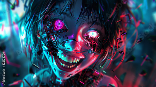 a high - quality depiction of anime cyborg girl, evolved into a Monster, half human half monster, anime nightcore style, crazy psycho laughing, photorealistic photo