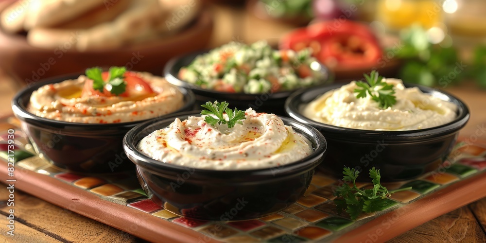 Detailed view of a vibrant Moroccan mezze platter on a table Detailed view of a vibrant Moroccan mezze platter on a table