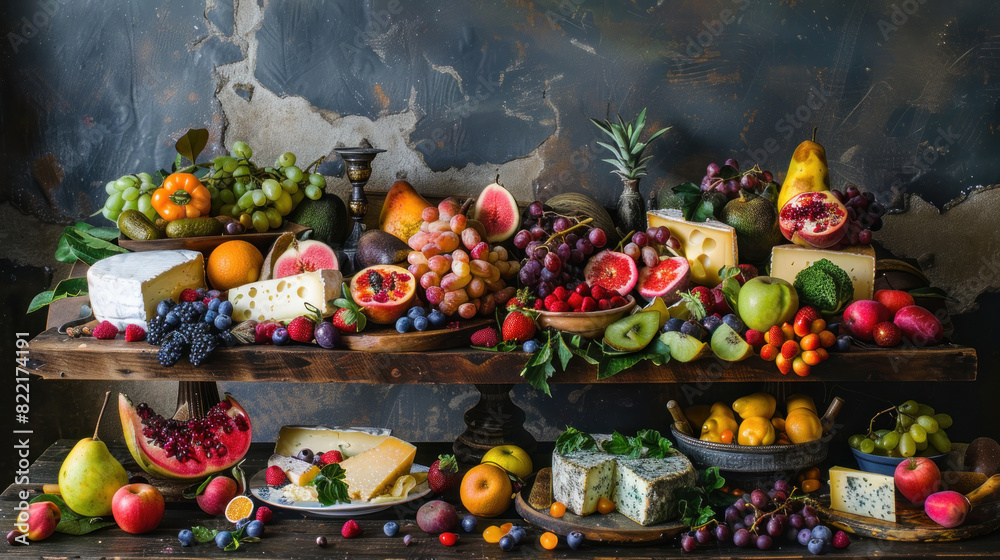 Vibrant exotic fruits and cheeses elegantly arranged on a rustic wooden table, combining a burst of colors and flavors for a delightful culinary experience.