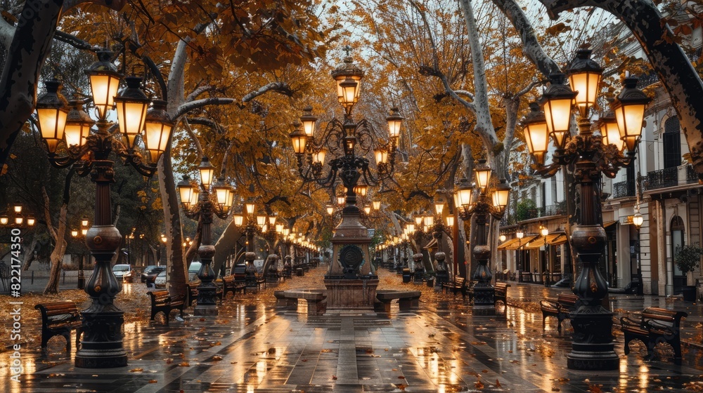 Obraz premium Street lighting casts a warm glow on the pavement, captured in this realistic nighttime photo.