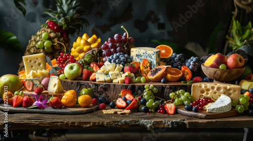 Vibrant exotic fruits and cheeses elegantly arranged on a rustic wooden table, combining a burst of colors and flavors for a delightful culinary experience.