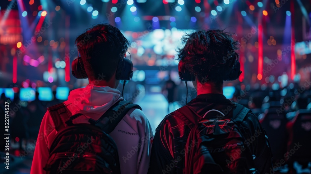 A stylish back-view shot of two professionals playing eSports at a Cyber Games Championship Event.