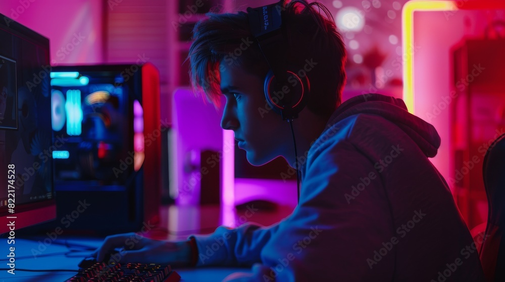 Video game professional playing video games on computer. Background is decorated with stylish graphics. A Streaming Championship Tournament on the Internet. Portrait semi-side view. Video game professional playing video games on computer. Background is decorated with stylish graphics. A Streaming Championship Tournament on the Internet. Portrait semi-side view.