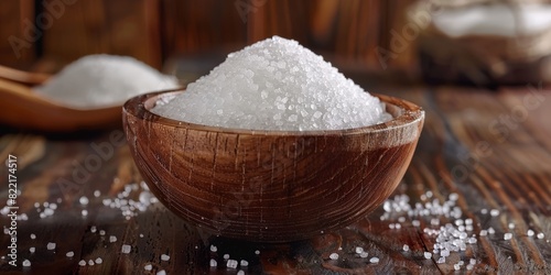 A wooden bowl filled with white sugar on the table, sugar in rustic wooden bowl on wooden table with scattered sugar grains 