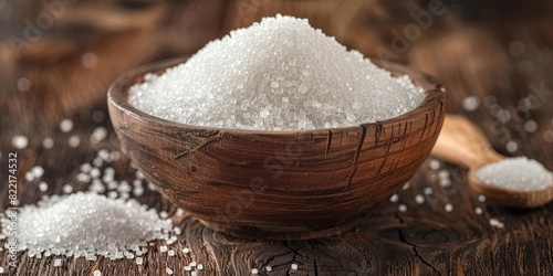 A wooden bowl filled with white sugar on the table, sugar in rustic wooden bowl on wooden table with scattered sugar grains 