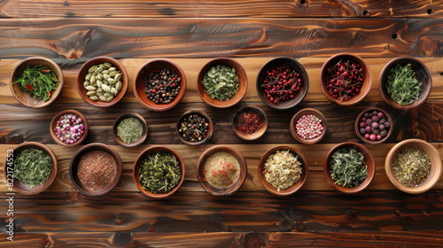 Vibrant herbs and spices meticulously displayed in small bowls on a wooden table, leaving ample room for custom labels or descriptions.