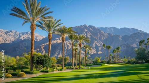Palm trees with mountain range background in La Quinta, California in the Coachella Valley, © usman