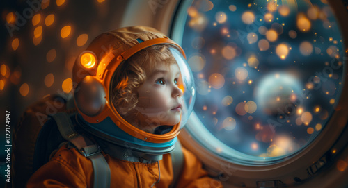 A child dressed as an astronaut stares intently out a spaceship window, mesmerized by the glowing lights outside in the night sky.