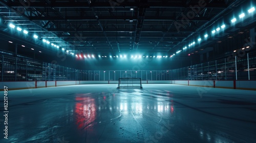A high quality venue is ready to accommodate thousands of fans  ready for the championship to begin. An Emty Hockey goal is shown on a professional ice hockey rink arena with the lights on.