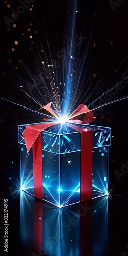 A sparkling Christmas gift with a red ribbon and bow shines and glows on black background. Magical shining gift box with sparkles, stars and bokeh lights. Christmas. Sale. Black Friday. Vertical video