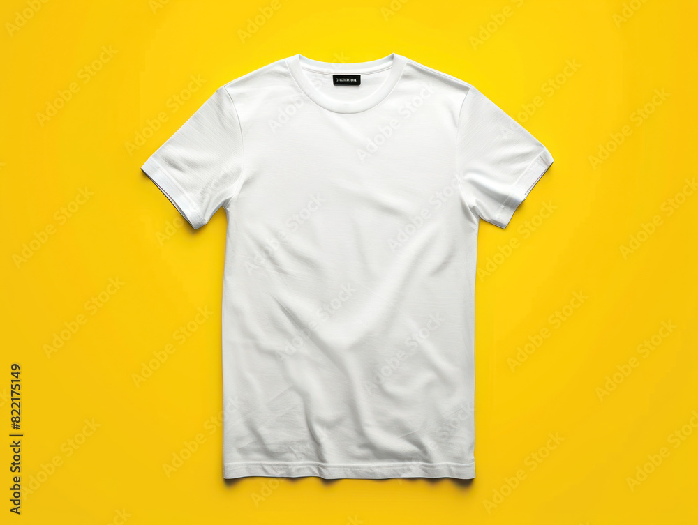 White blank t-shirt on yellow background. T-shirt design template fashion for men, women, children. White blank t-shirt on yellow background. T-shirt design template fashion for men, women, children.