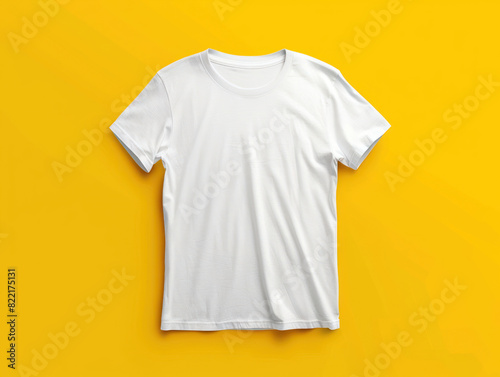 White blank t-shirt on yellow background. T-shirt design template fashion for men, women, children.