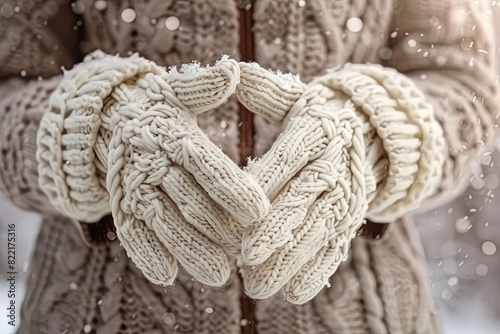 Close-up portrait of woman's hands wearing cream-colored cable-knit mittens. Winter fashion detail
