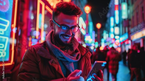 Smiling Stylish Man Using a Smartphone while Walking Through a Night City Street Full of Neon Lights. He s using social media  online shopping  and he s sending texts on a dating app while smiling.