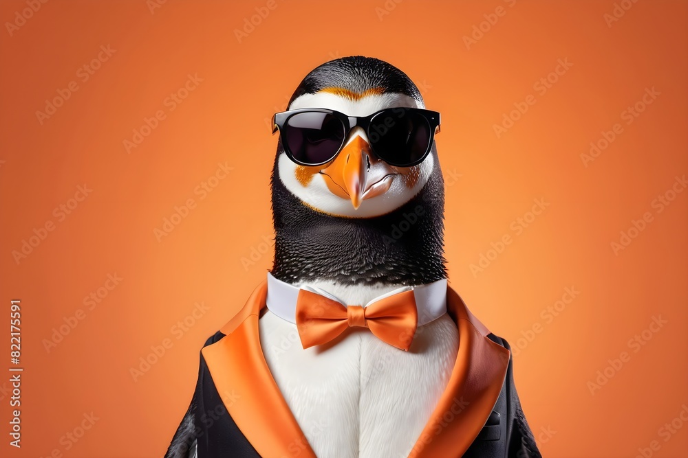 Stylish penguin in a tuxedo and sunglasses, exuding humor, isolated on orange background Stylish penguin in a tuxedo and sunglasses, exuding humor, isolated on orange background