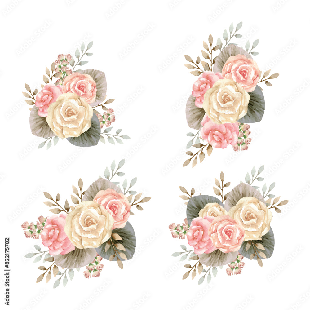 Bouquet rose flowers ornament watercolor collection