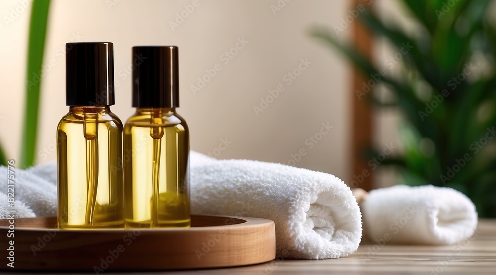 Bottles on the background of the spa room. Skin care serum or natural cosmetics with essential oil Bottles on the background of the spa room. Skin care serum or natural cosmetics with essential oil