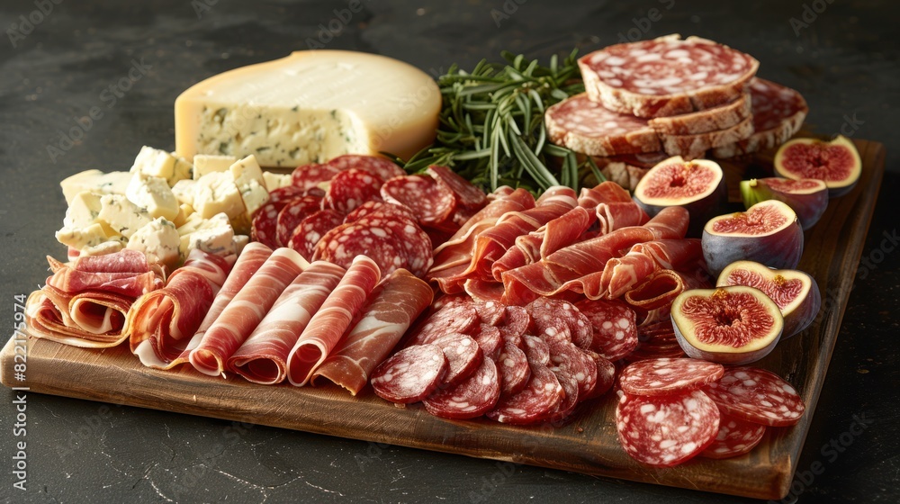 Assorted meats and cheeses arranged on a wooden cutting board