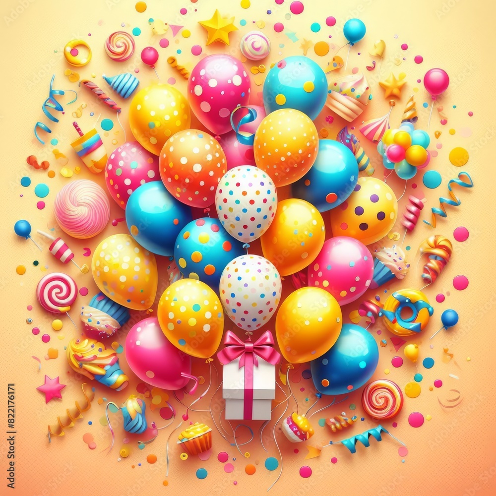 A vibrant illustration featuring a cluster of colorful balloons and a gift box surrounded by candies and party streamers on a warm yellow background.