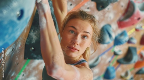 The athlete is practicing solo climbing at a gym's bouldering wall. The athlete is doing extreme sports as part of her healthy lifestyle training. A close-up photograph of her.