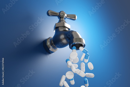 Fotografie Different types of pills and medicine flowing from a silver water tap on blue background