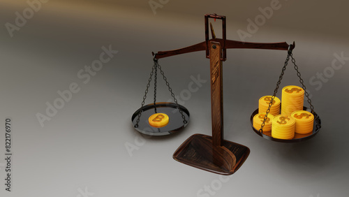 This image depicts a traditional balance scale,
with one side containing a single Bitcoin symbol coin,
and the other side loaded with multiple stacks of dollar symbol coins.