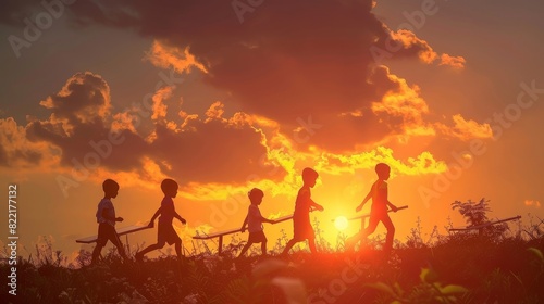 Photovoltaic cells isolated, children walking together