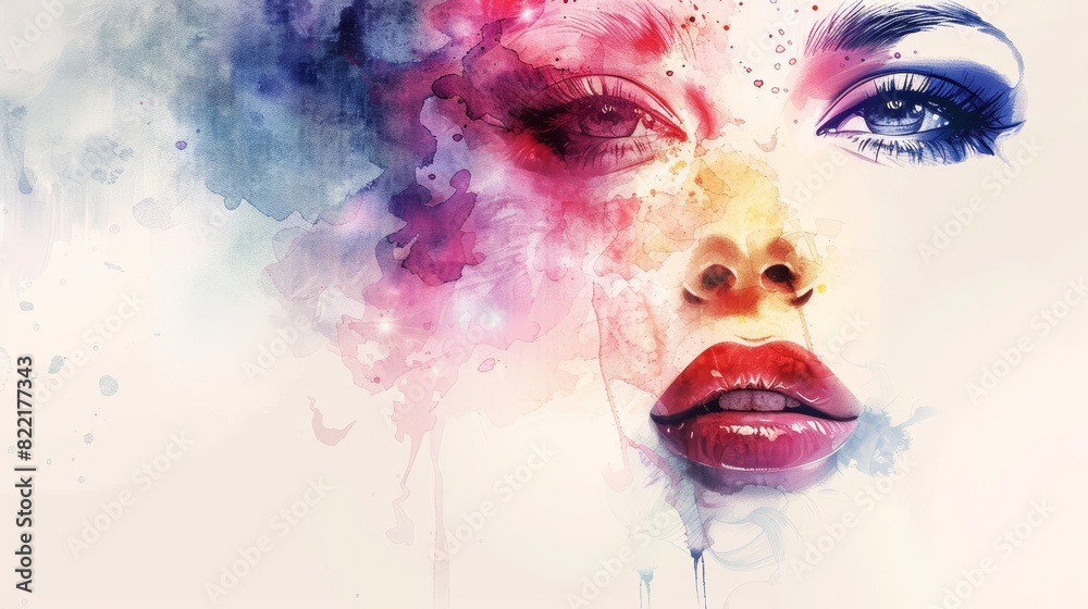 The portrait of a woman is painted in an abstract watercolor. The background is a fashion design. The portrait of a woman is painted in an abstract watercolor. The background is a fashion design.