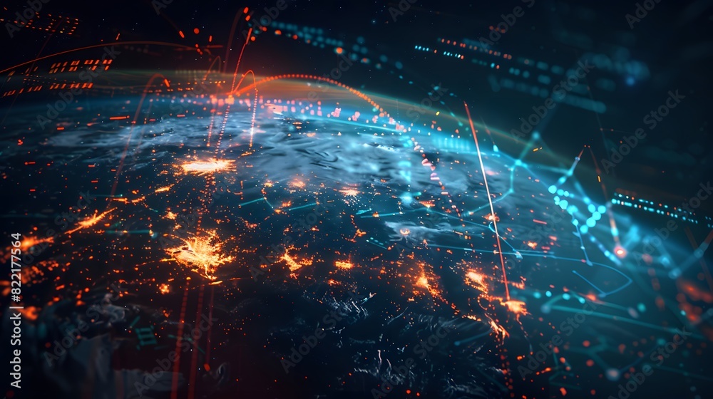 Digital planet Earth with glowing connections and data flow lines in space, depicting a global network concept as a background for technology or business theme design.
