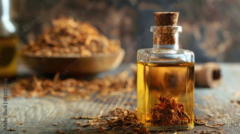 tobacco essential oil. Selective focus tobacco essential oil. Selective focus