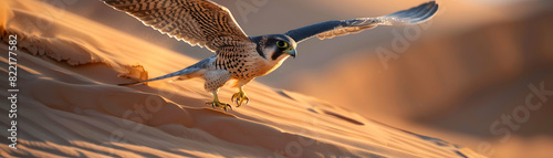 Falcon Hunting in Desert: showcasing the bird s speed and precision in capturing prey in a harsh desert environment photo