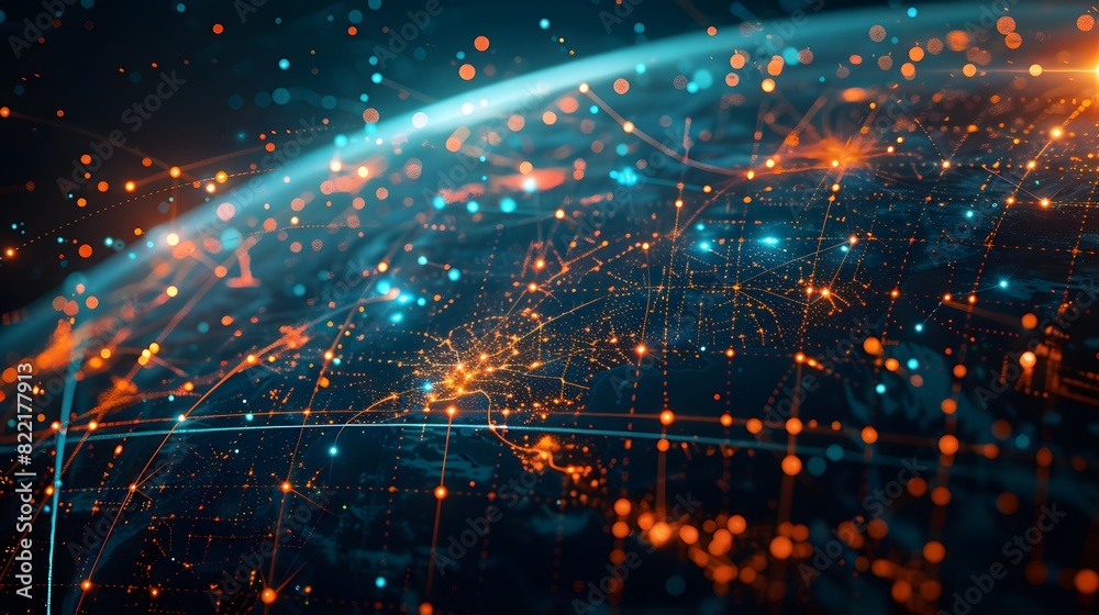 Fototapeta premium Digital planet Earth with glowing connections and data flow lines in space, depicting a global network concept as a background for technology or business theme design. 
