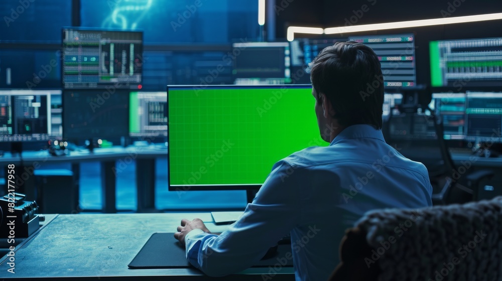This is a confident male Data Scientist working on a personal computer with a green screen mock-up in a space used for controlling and monitoring big infrastructures. He is in an empty office with a This is a confident male Data Scientist working on a personal computer with a green screen mock-up in a space used for controlling and monitoring big infrastructures. He is in an empty office with a
