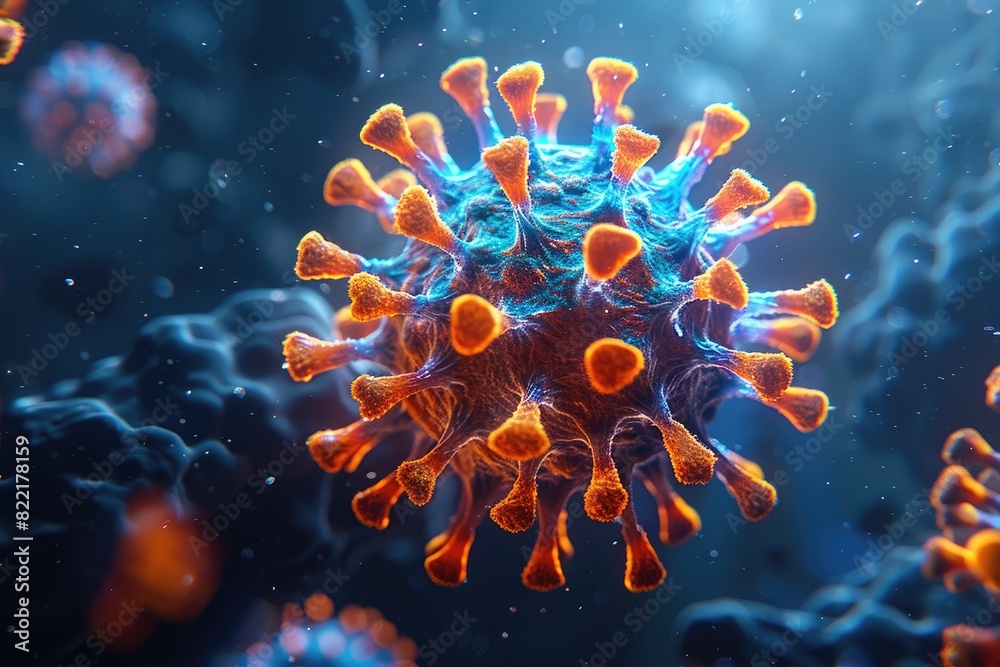 A colorful microscopic virus particle in blue and orange, showcasing intricate details of its structure and spikes. A colorful microscopic virus particle in blue and orange, showcasing intricate details of its structure and spikes.