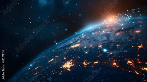 Digital planet Earth with glowing connections and data flow lines in space, depicting a global network concept as a background for technology or business theme design. 