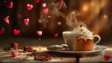 Cup of coffee and cake with hearts on wooden table, Cup of coffee and cake with hearts on wooden table.