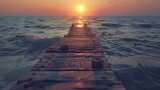 Wooden pier stretches into the sea during sunset, Wooden pier in the sea at sunset.