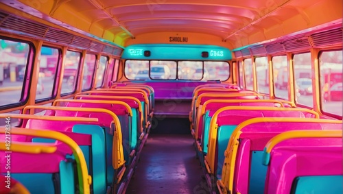 The image shows the inside of a bus with bright pink and blue neon lights and mostly empty seats.