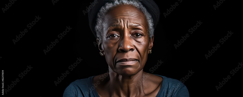 Black background sad black American independent powerful Woman. Portrait of older mid-aged person beautiful bad mood expression girl Isolated 
